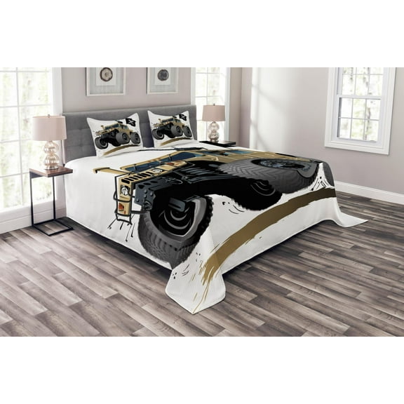 Ambesonne Cartoon Quilted Bedspread Set 3 Pcs, Off Road Savannah Truck, King Size, Brown and Grey