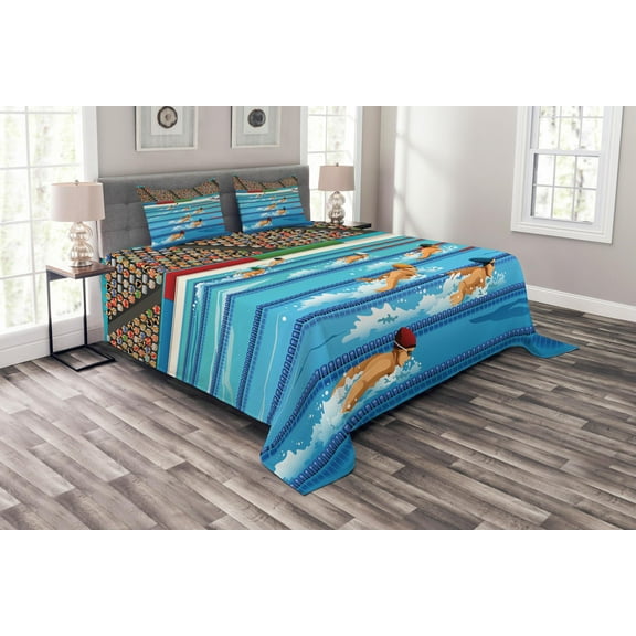 Ambesonne Cartoon Quilted Bedspread Set 3 Pcs, Olympics Swimming Race, Queen Size, Blue Beige Red