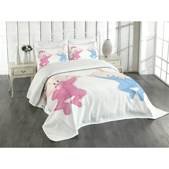 Ambesonne Cartoon Quilted Bedspread Set 3 Pcs, Party Themed Characters Art, Queen Size, Peach Pink and Blue
