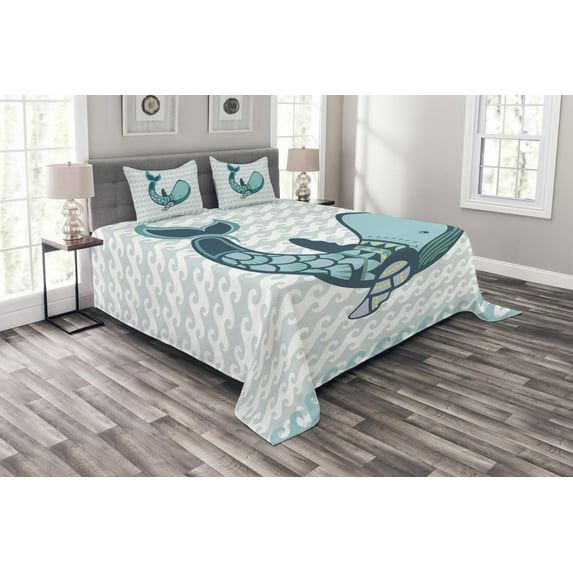 Ambesonne Cartoon Quilted Bedspread Set 3 Pcs, Pastel Happy Smiling Whale, Queen Size, Blue and White