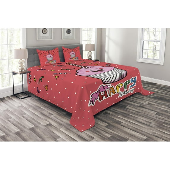 Ambesonne Cartoon Quilted Bedspread Set 3 Pcs, Pink Cupcake Bow, Queen Size, Multicolor