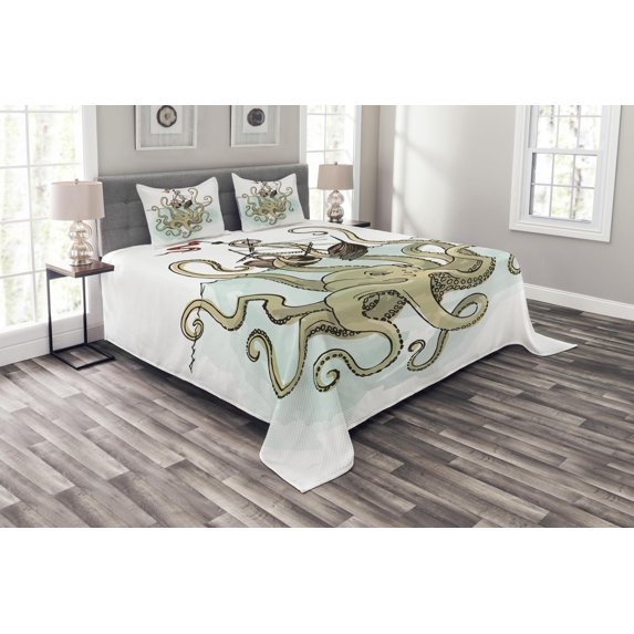 Ambesonne Cartoon Quilted Bedspread Set 3 Pcs, Pirate Ship Greek Myth, King Size, Tan Pale Green
