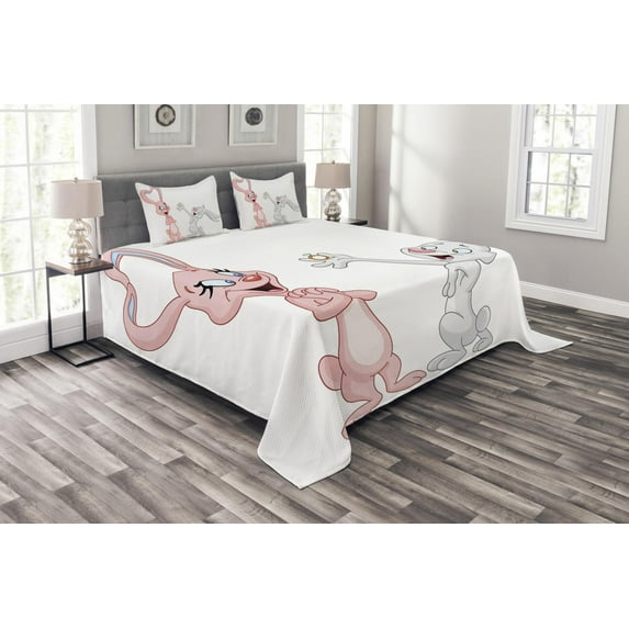 Ambesonne Cartoon Quilted Bedspread Set 3 Pcs, Rabbits Wedding, King Size, Pale Pink and Grey