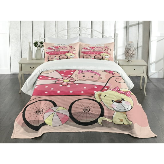 Ambesonne Cartoon Quilted Bedspread Set 3 Pcs, Retro Wheels Puppy Artwork, King Size, Pale Yellow Pink