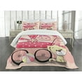 thumbnail image 1 of Ambesonne Cartoon Quilted Bedspread Set 3 Pcs, Retro Wheels Puppy Artwork, Queen Size, Pale Yellow Pink, 1 of 5