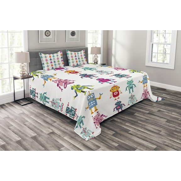 Ambesonne Cartoon Quilted Bedspread Set 3 Pcs, Robot, Queen Size, Multicolor