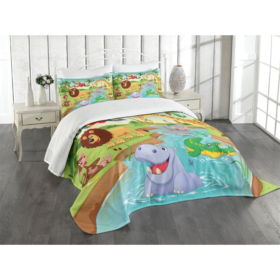 Ambesonne Cartoon Quilted Bedspread Set 3 Pcs, Savannah Animals Colorful, Queen Size, Multicolor