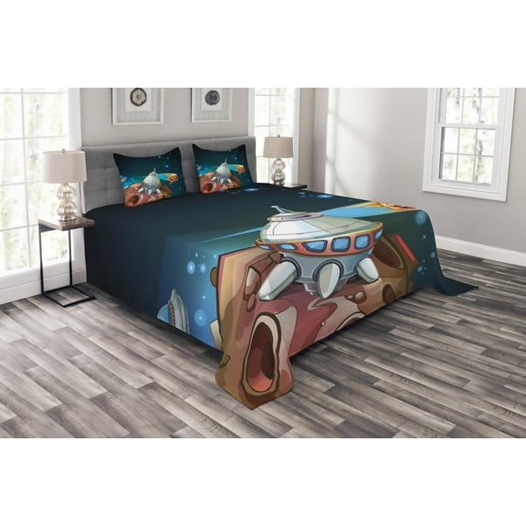 Ambesonne Cartoon Quilted Bedspread Set 3 Pcs, Spacecraft Planet Space, King Size, Multicolor