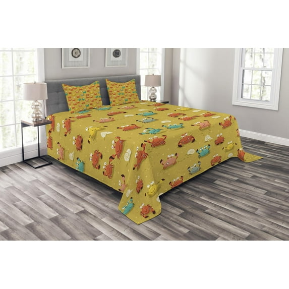 Ambesonne Cartoon Quilted Bedspread Set 3 Pcs, Star and Shells Pattern, Queen Size, Pale Coffee