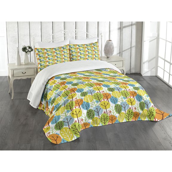 Ambesonne Cartoon Quilted Bedspread Set 3 Pcs, Summer Trees Pattern Simple, King Size, Multicolor