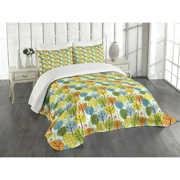 Ambesonne Cartoon Quilted Bedspread Set 3 Pcs, Summer Trees Pattern Simple, Queen Size, Multicolor
