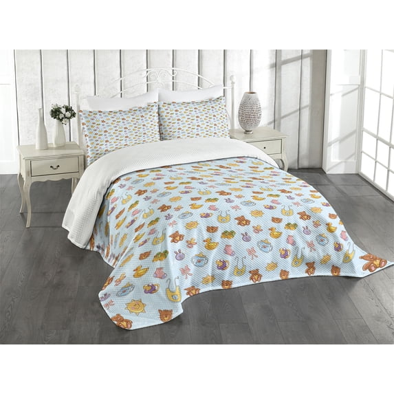Ambesonne Cartoon Quilted Bedspread Set 3 Pcs, Sun Ribbon Teddy Bear Art, King Size, Pale Blue Cinnamon