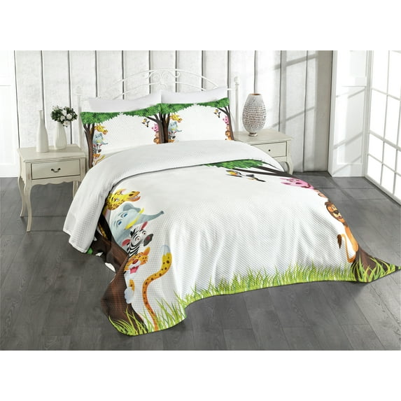 Ambesonne Cartoon Quilted Bedspread Set 3 Pcs, Trees Friendly Jungle, Queen Size, Multicolor