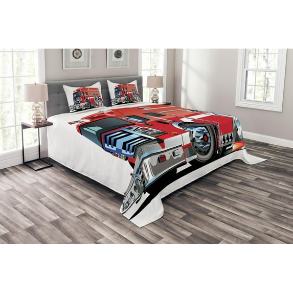 Ambesonne Cartoon Quilted Bedspread Set 3 Pcs, Truck Rescue Team Art, Queen Size, Grey Red