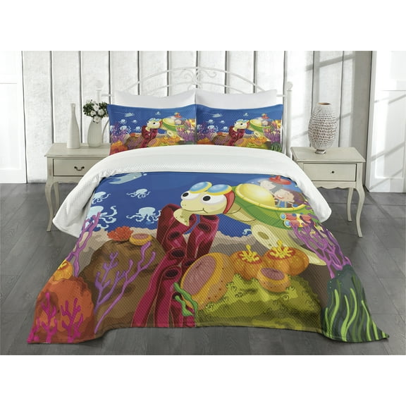 Ambesonne Cartoon Quilted Bedspread Set 3 Pcs, Turtle, Queen Size, Multicolor