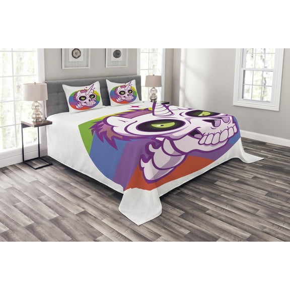 Ambesonne Cartoon Quilted Bedspread Set 3 Pcs, Unicorn Design, Queen Size, Multicolor