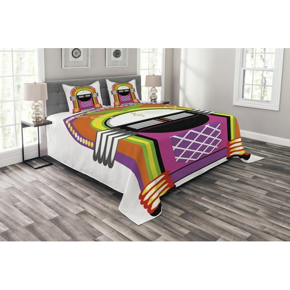 Ambesonne Cartoon Quilted Bedspread Set 3 Pcs, Vintage Music Notes, Queen Size, Orange Purple and Green