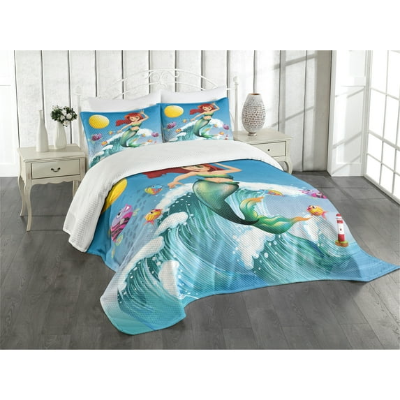 Ambesonne Cartoon Quilted Bedspread Set 3 Pcs, Wave with Fish, King Size, Multicolor