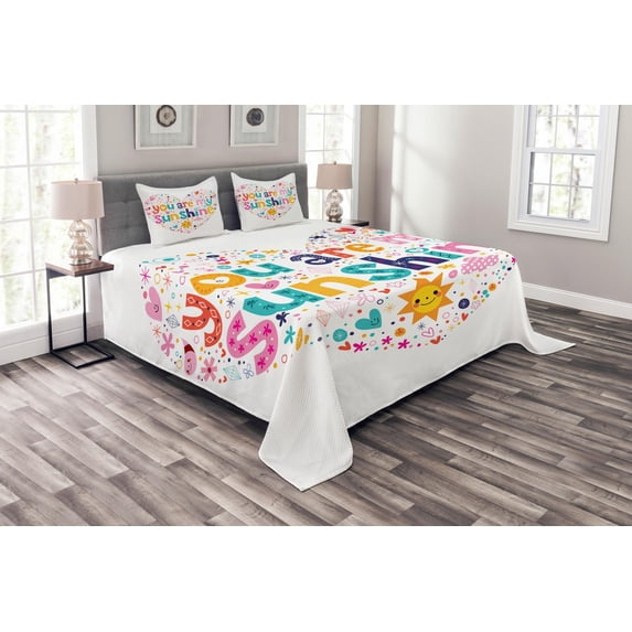 Ambesonne Cartoon Quilted Bedspread Set 3 Pcs, Words with Heart Shapes, King Size, Multicolor