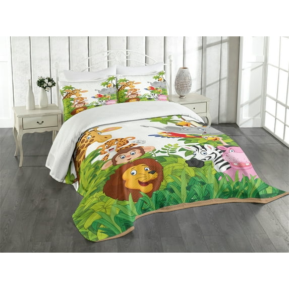 Ambesonne Cartoon Quilted Bedspread Set 3 Pcs, Zoo Mascots, Queen Size, Multicolor
