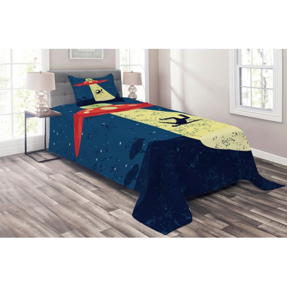Ambesonne Cartoon Quilted Coverlet 2 Pcs, Alien Abduction Space, Twin Size, Blue and Yellow