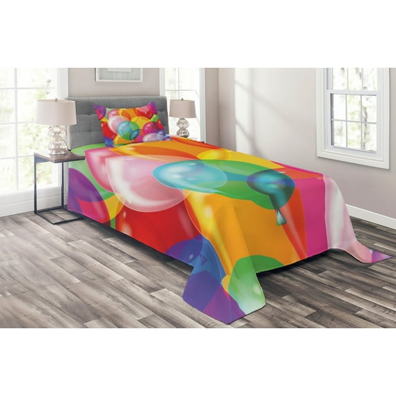 Ambesonne Cartoon Quilted Coverlet 2 Pcs, Balloons Fun, Twin Size, Multicolor