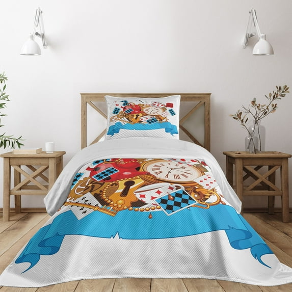 Ambesonne Cartoon Quilted Coverlet 2 Pcs, Fantasy World Cards Clocks, Twin Size, Multicolor