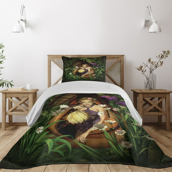 Ambesonne Cartoon Quilted Coverlet 2 Pcs, Forest Elf in Cocoon Night, Twin Size, Green Brown