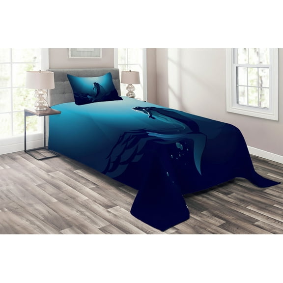 Ambesonne Cartoon Quilted Coverlet 2 Pcs, Mermaid in Deep Water, Twin Size, Blue