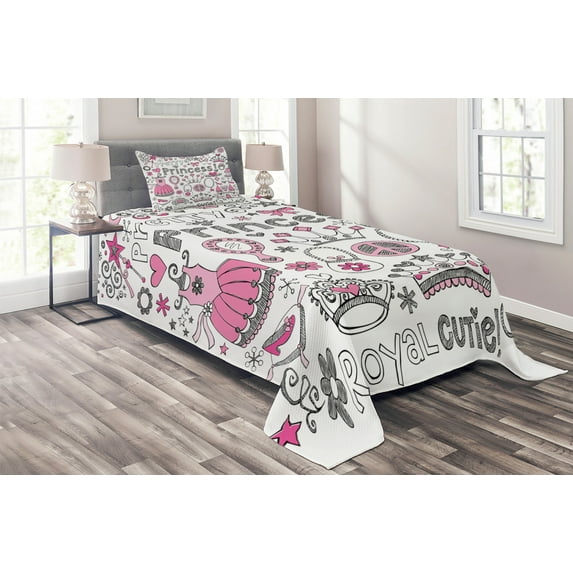 Ambesonne Cartoon Quilted Coverlet 2 Pcs, Tale Fantasy Ornamens Print, Twin Size, Grey Pink White