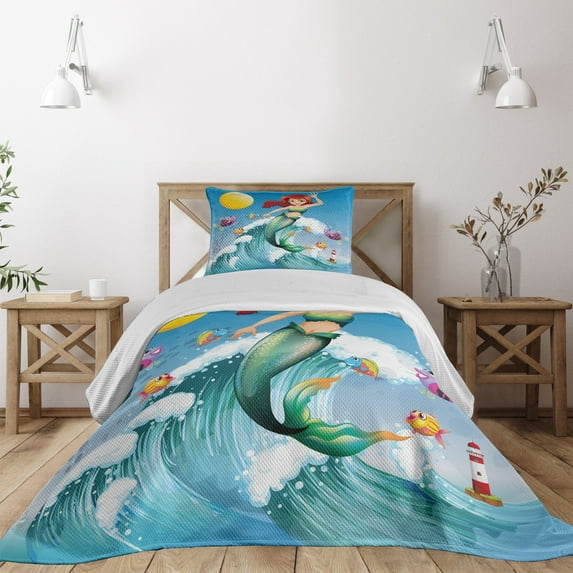 Ambesonne Cartoon Quilted Coverlet 2 Pcs, Wave with Fish, Twin Size, Multicolor
