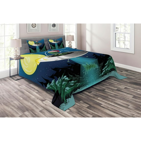 Ambesonne Cartoon Quilted Coverlet 3 Pcs, Alien Christmas Art, Queen Size, Green Blue