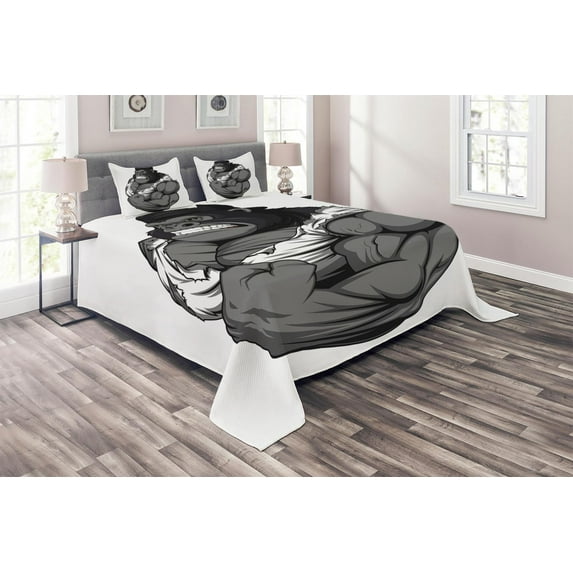 Ambesonne Cartoon Quilted Coverlet 3 Pcs, Animal Athlete Gorilla, Queen Size, Black White Grey