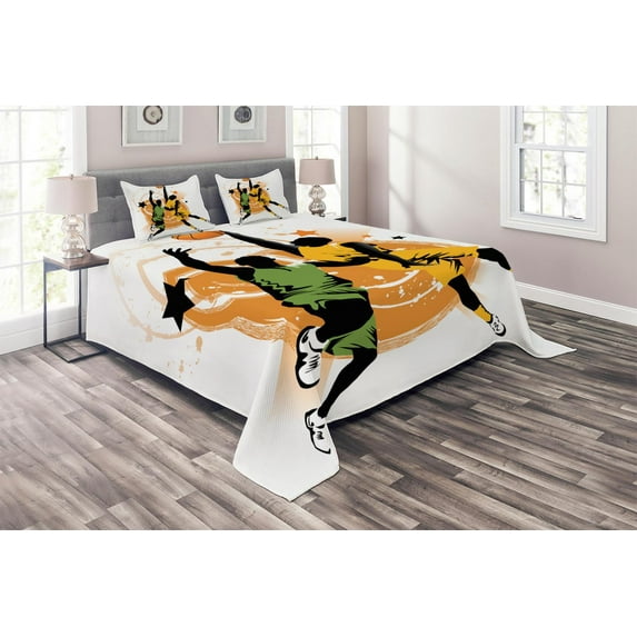 Ambesonne Cartoon Quilted Coverlet 3 Pcs, Basketball Players Art, King Size, Orange Green