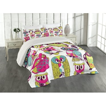 Ambesonne Cartoon Quilted Coverlet 3 Pcs, Best Friends Animals Fun, King Size, Multicolor Coral