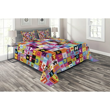 Ambesonne Cartoon Quilted Coverlet 3 Pcs, Colored Alphabet Game, King Size, Multicolor