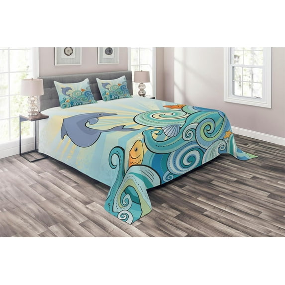 Ambesonne Cartoon Quilted Coverlet 3 Pcs, Dolphin Ocean, Queen Size, Multicolor