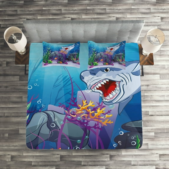 Ambesonne Cartoon Quilted Coverlet 3 Pcs, Evil Shark Little Fish, King Size, Multicolor