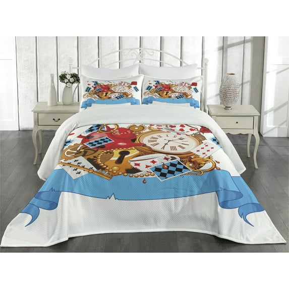 Ambesonne Cartoon Quilted Coverlet 3 Pcs, Fantasy World Cards Clocks, King Size, Multicolor