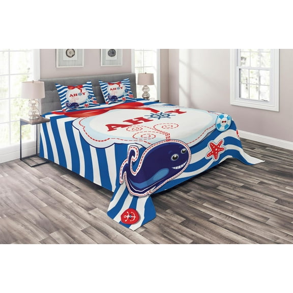 Ambesonne Cartoon Quilted Coverlet 3 Pcs, Marine Ahoy Whale, King Size, Cobalt Blue Vermilion