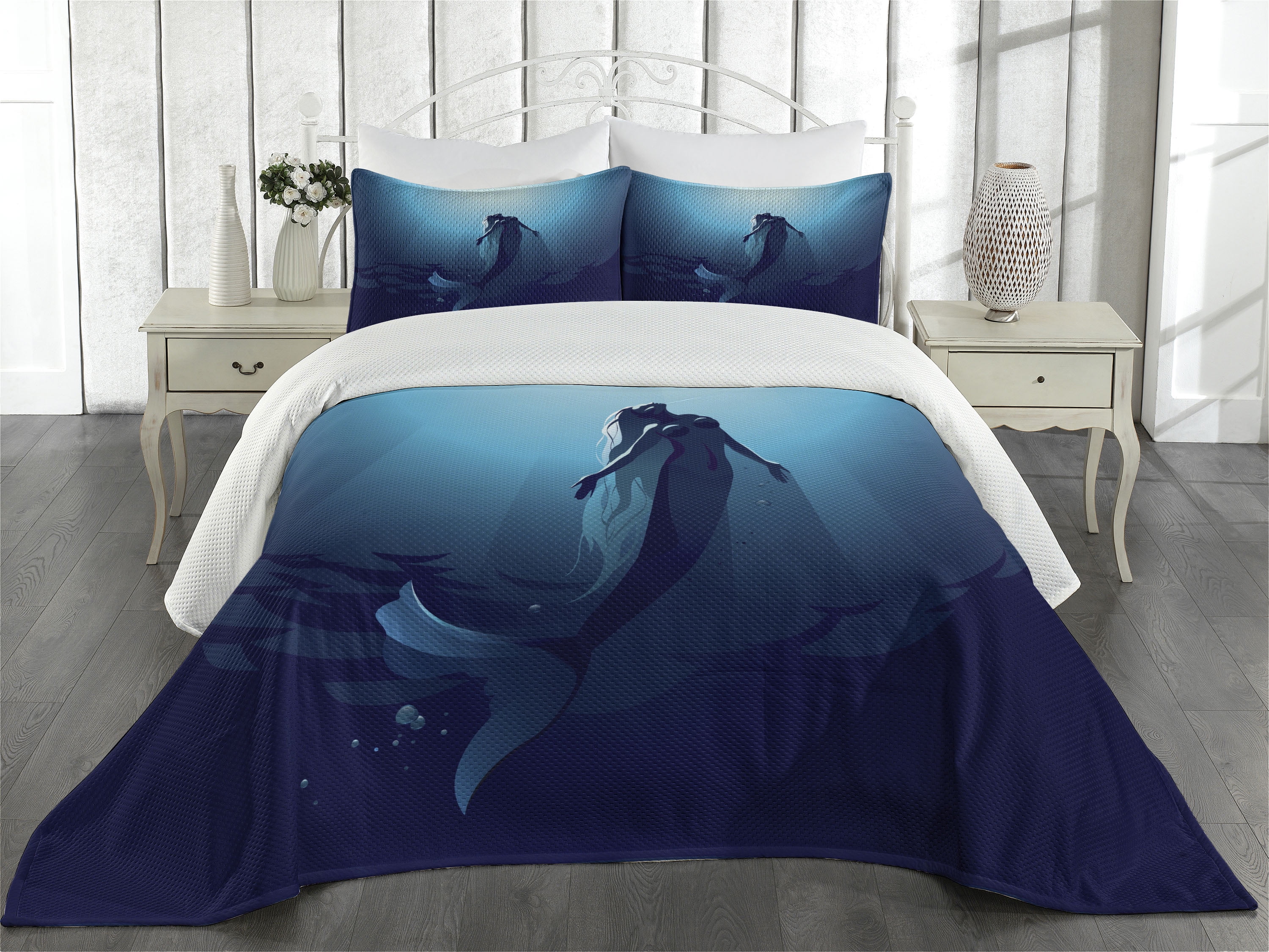 King Size Blue Mermaid Quilted Bedspread Set with Shams