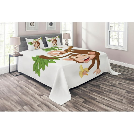 Ambesonne Cartoon Quilted Coverlet 3 Pcs, Monkey with Banana Tree, Queen Size, Chocolate White