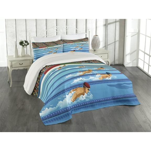 Ambesonne Cartoon Quilted Coverlet 3 Pcs, Olympics Swimming Race, Queen Size, Blue Beige Red
