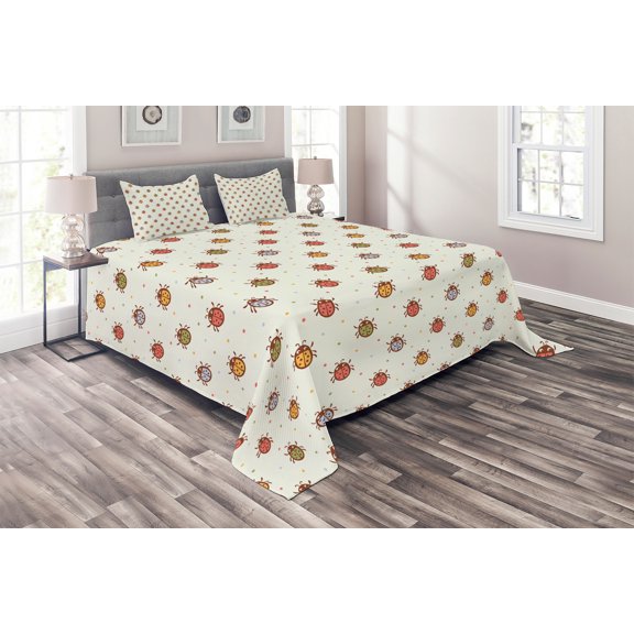 Ambesonne Cartoon Quilted Coverlet 3 Pcs, Pastel Colored Ladybugs, Queen Size, Multicolor