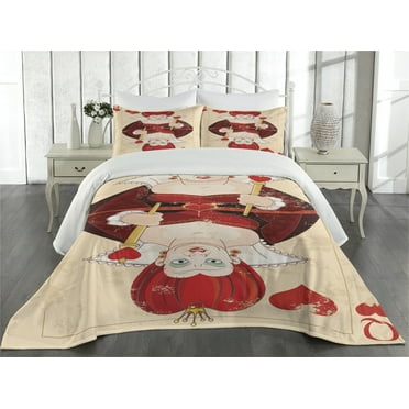 Ambesonne Cartoon Quilted Coverlet 3 Pcs, Queen Cards, Queen Size, Red Brown Ecru