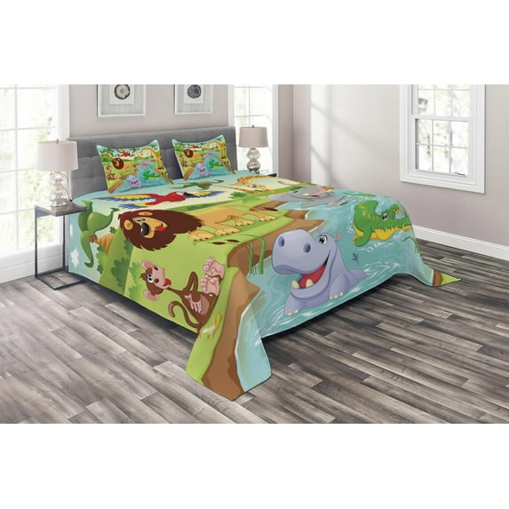 Ambesonne Cartoon Quilted Coverlet 3 Pcs, Savannah Animals Colorful, Queen Size, Multicolor