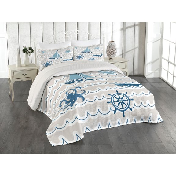 Ambesonne Cartoon Quilted Coverlet 3 Pcs, Ship Whale Waves, Queen Size, Beige Blue White