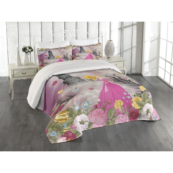 Ambesonne Cartoon Quilted Coverlet 3 Pcs, Tale Theme Art, King Size, Multicolor