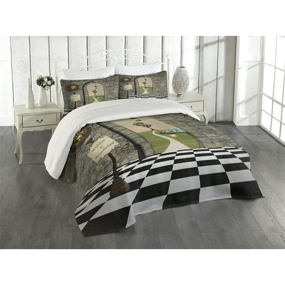Ambesonne Cartoon Quilted Coverlet 3 Pcs, Wonderland Alice Art Motif, Queen Size, Multicolor