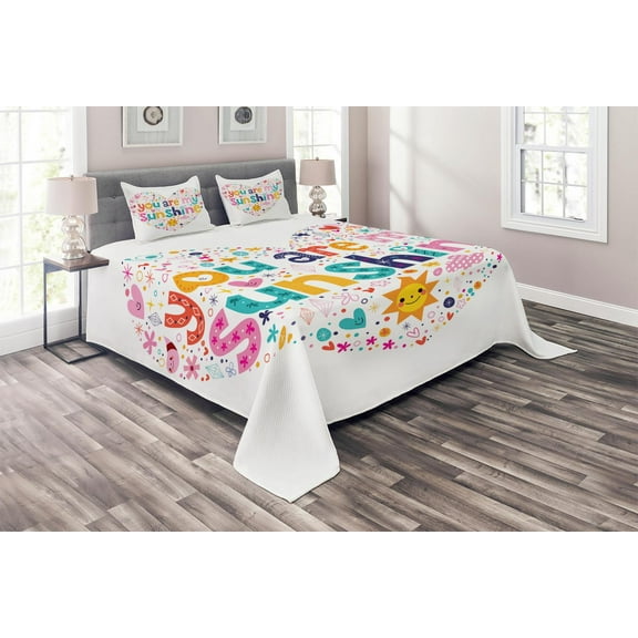 Ambesonne Cartoon Quilted Coverlet 3 Pcs, Words with Heart Shapes, Queen Size, Multicolor